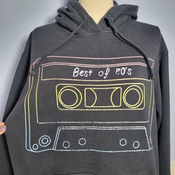 Port & Company Large Black "Best of 80's" Colorful Outlined Cassette Tape Hoodie - Picture 4 of 10